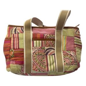 Y2K 90s Braciano Pink Patchwork Tote Bag Multicolor Trim Top Handle Distressed